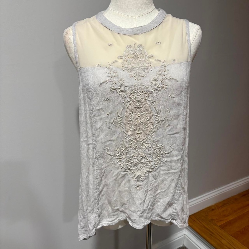 Japna Gray Embroidered Faux‎ Pearl Sleeveless Top Sheer Yoke Boho Med